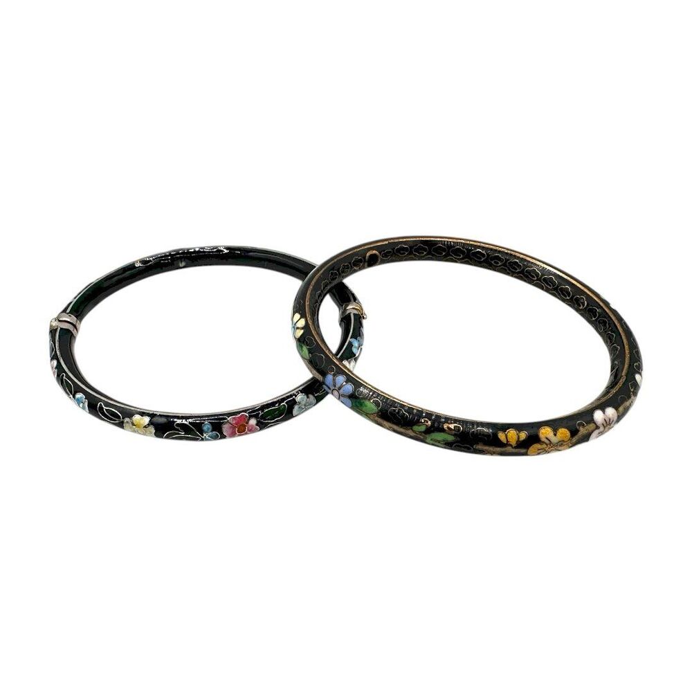 Set of 2 Vintage Black Cloisonné Enamel Floral Bangle Bracelets